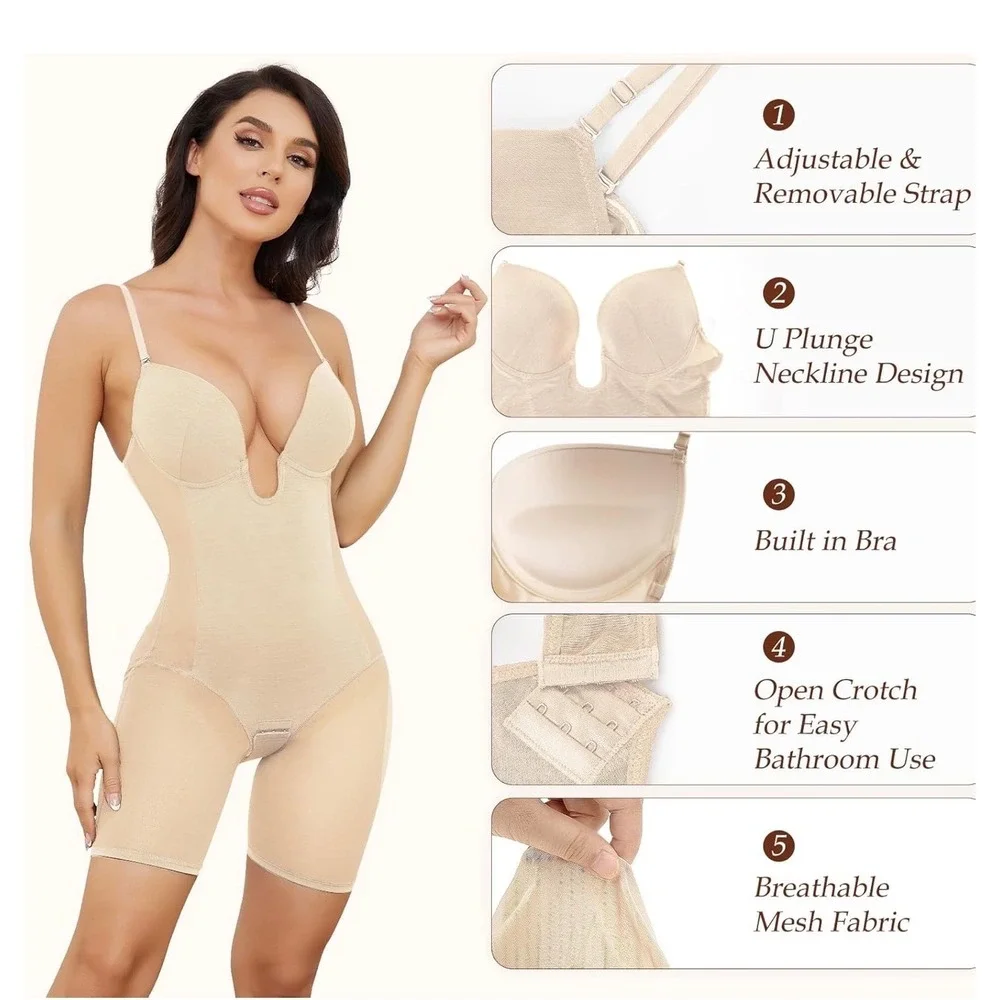 Slimers Nude U Plunge Neckline Full Body Shapewear Bodysuit MidThigh Slimmer NEW